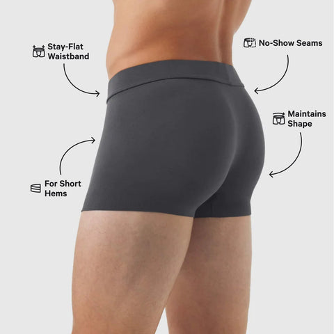 Jetsetter Boxer Briefs showcasing stay-flat waistband, no-show seams, shape retention, and short hems.