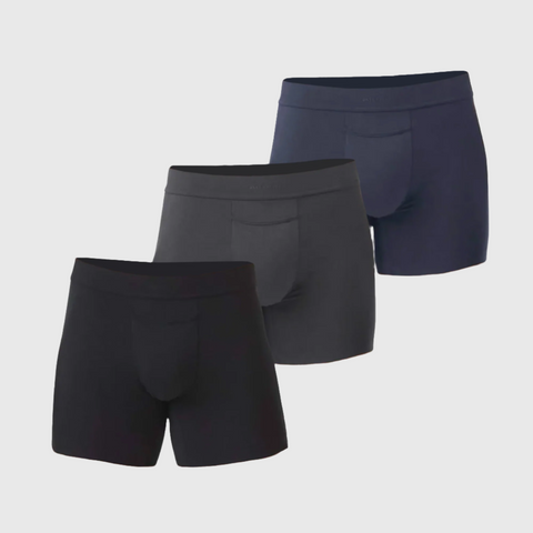 Jetsetter Boxer Brief 3-Pack in black, gray, and navy with supportive zero-G pouch.