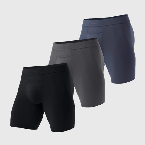 Jetsetter Boxer Brief 3-Pack in black, gray, and navy with comfortable MicroModal® fabric and supportive pouch.