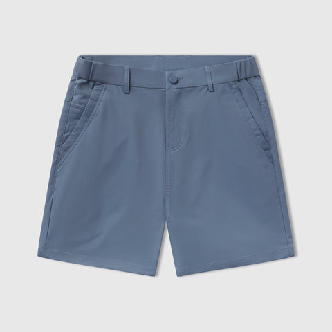 Blue Jetsetter Tech Short with innovative fabric for consistent fit.