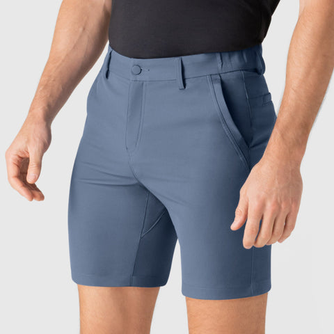 Jetsetter Tech Short in blue worn by model displaying fit and design.