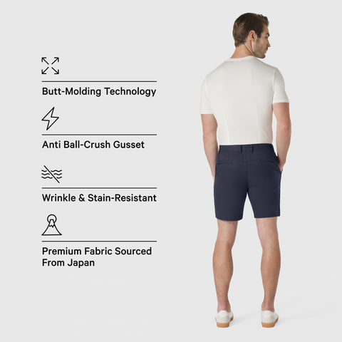 Jetsetter Tech Short with innovative fabric and consistent fit, featuring butt-molding technology and anti ball-crush gusset.