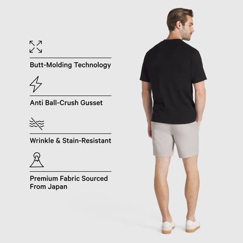 Jetsetter Tech Short with innovative design and premium Japanese fabric displayed on model.