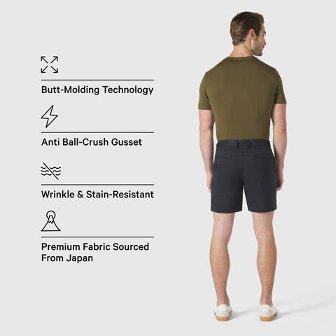 Man wearing Jetsetter Tech Short with features like butt-molding technology, anti ball-crush gusset, wrinkle and stain resistance, premium Japanese fabric.