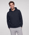 Midnight navy hooded sweatshirt worn with light gray trousers, hands in pockets.