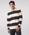 A navy and cream striped rugby polo with a white collar, shown on a plain background.