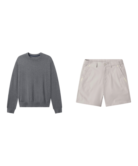 Weekend outfit flat lay: Anytime Crewneck Sweater in Medium Heather Gray with light beige shorts