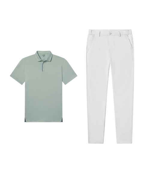 Travel outfit flat lay: Clubhouse Performance Polo in Storm Green Sweetspot paired with white pants