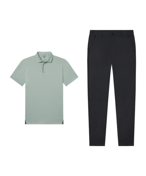 Travel outfit flat lay: Clubhouse Performance Polo in Storm Green Sweetspot paired with black pants