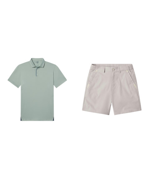 Weekend outfit flat lay: Clubhouse Performance Polo in Storm Green Sweetspot with light beige shorts
