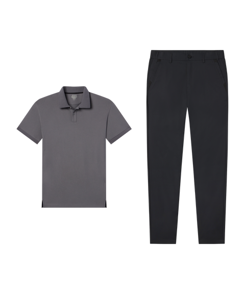 Travel outfit flat lay: Clubhouse Pique Polo in Charcoal Gray paired with black pants