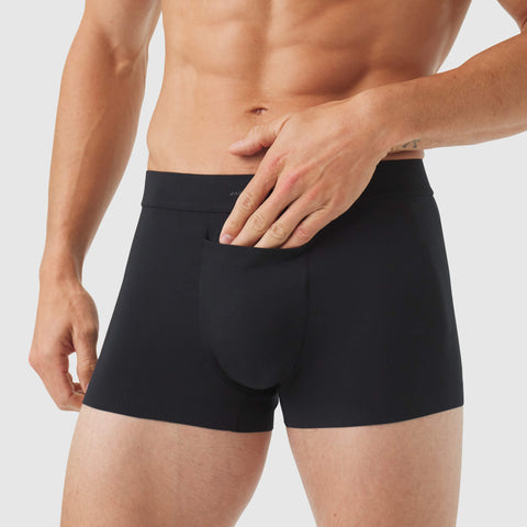 Three black Jetsetter Boxer Briefs with soft MicroModal fabric, zero-G pouch, and flat leg seams for comfort and flexibility.
