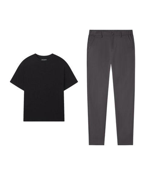 Outfit flat lay: black tee paired with Jetsetter Tech Pant, slim fit, in Charcoal Gray