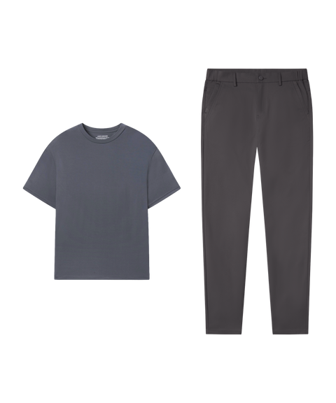Outfit flat lay: Charcoal Gray tee paired with Jetsetter Tech Pant, slim fit, in Charcoal Gray