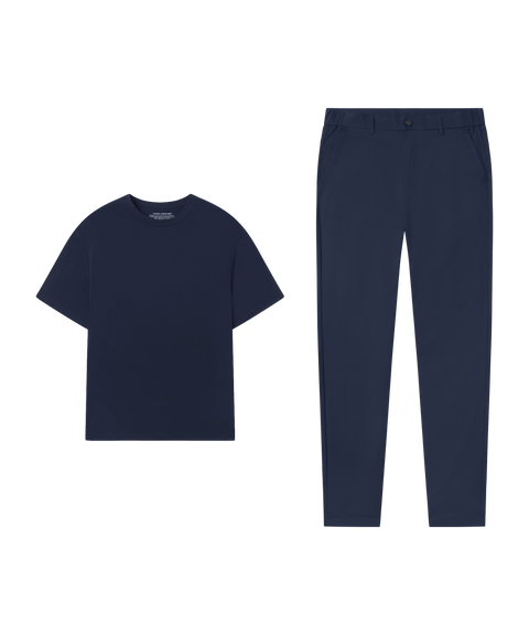 Outfit flat lay: navy tee paired with Jetsetter Tech Pant, slim fit, in Deep Blue