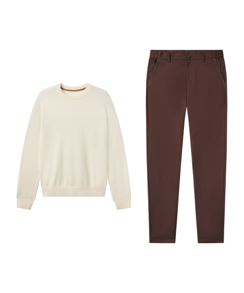 Outfit flat lay: cream Anytime Crewneck Sweater paired with Jetsetter Tech Pant, straight fit, in Bourbon Brown