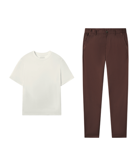 Outfit flat lay: Ecru tee paired with Jetsetter Tech Pant, straight fit, in Bourbon Brown