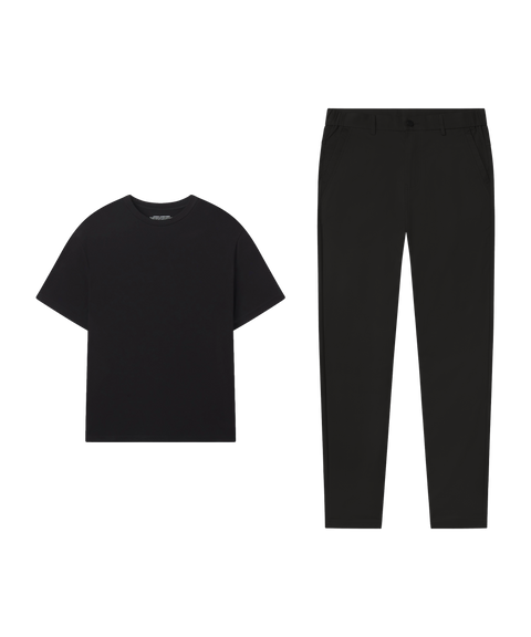 Outfit flat lay: black tee paired with Jetsetter Tech Pant, straight fit, in True Black
