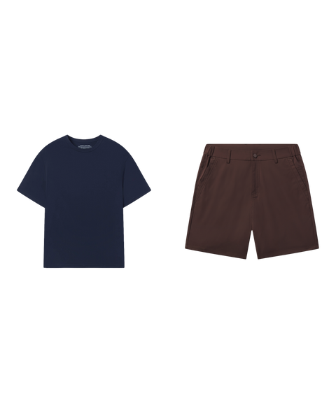 Outfit flat lay: Jetsetter Tee in Deep Blue with Jetsetter Tech Short 7 inch in Bourbon Brown