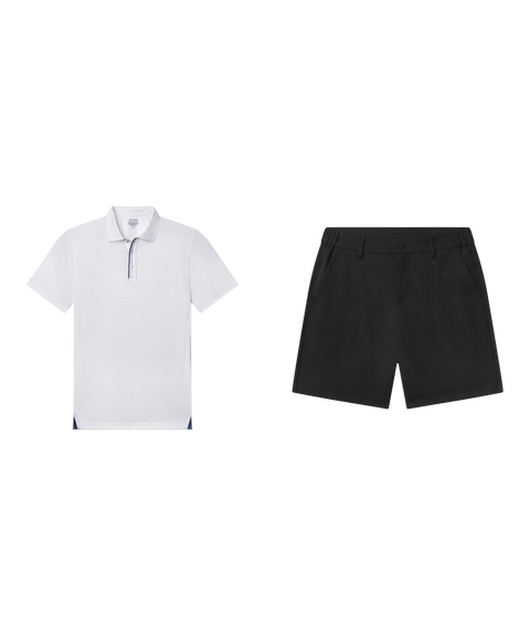 Golf outfit flat lay: Clubhouse Performance Polo in White Driveline with Jetsetter Tech Short 7 inch in True Black