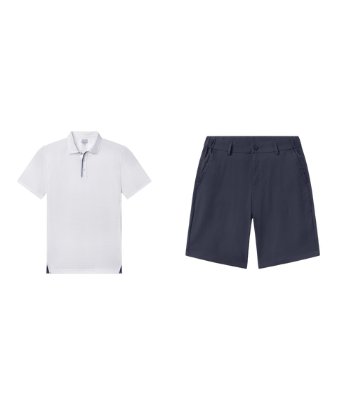 Outfit flat lay: white Clubhouse Performance Polo with Jetsetter Tech Short 9 inch in Deep Blue
