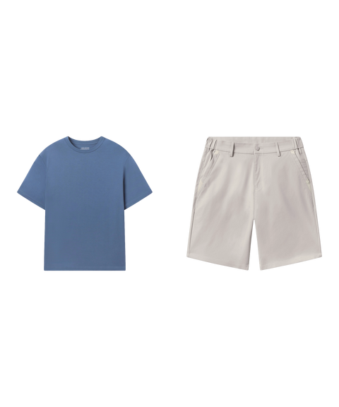Outfit flat lay: Jetsetter Tee in Bering Sea with Jetsetter Tech Short 9 inch in Sand Stone