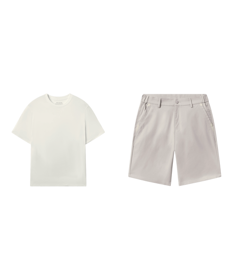 Outfit flat lay: Jetsetter Tee in Ecru with Jetsetter Tech Short 9 inch in Sand Stone