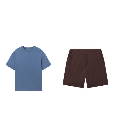 Outfit flat lay: Jetsetter Tee in Bering Sea with Jetsetter Tech Short in Bourbon Brown