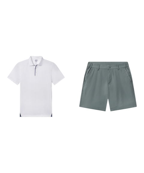 Outfit flat lay: white Clubhouse Performance Polo with Jetsetter Tech Short in Storm Green