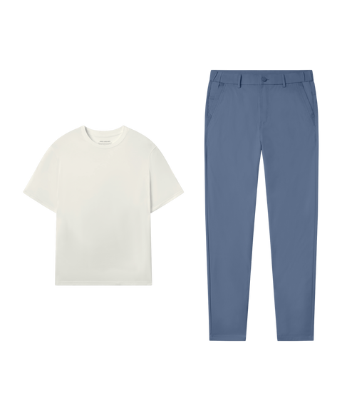 Outfit flat lay: cream Jetsetter Tee with Jetsetter Tech Pant, relaxed fit, in Bering Sea