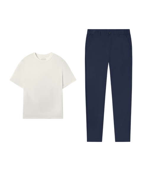 Ecru tee with Jetsetter Tech Pant, straight fit, in Deep Blue, weekend outfit flat lay