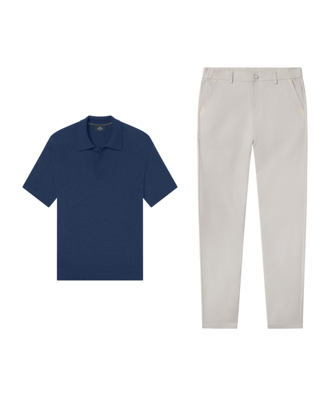 Outfit flat lay: Legacy Resort Sweater Polo in Harbor Blue with sand Jetsetter Tech Pants for travel