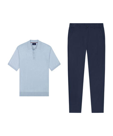 Legacy Resort Sweater Polo in Mist Blue with navy pants, business casual outfit flat lay