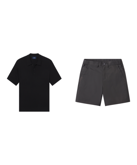 Outfit flat lay: Legacy Resort Sweater Polo in True Black with Jetsetter Tech Short in Charcoal Gray