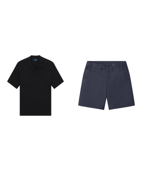 Weekend outfit flat lay: Legacy Resort Sweater Polo in True Black with navy shorts