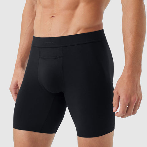 Jetsetter Boxer Brief in black, featuring MicroModal fabric with a supportive pouch and flat leg seams for comfort.