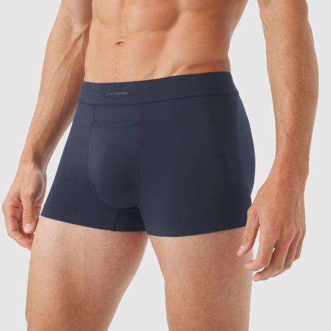 Jetsetter Boxer Brief in navy blue showcasing comfort-fit design and Zero-G pouch.