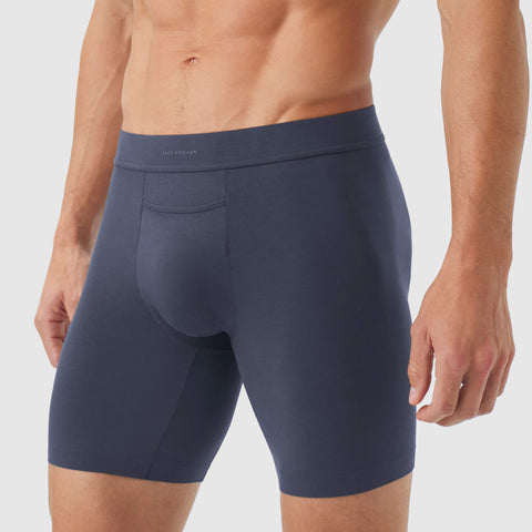 Jetsetter Boxer Brief in dark color, showcasing supportive Zero-G pouch and smooth MicroModal fabric.