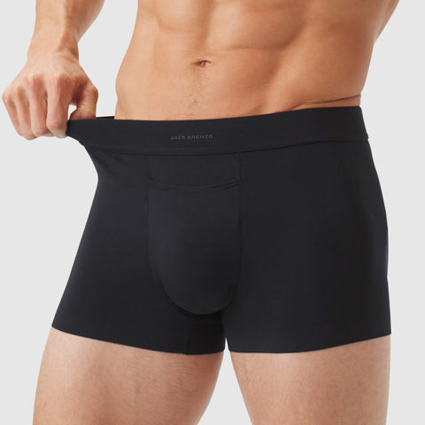 Jetsetter Boxer Brief in black with supportive Zero-G pouch and horizontal fly.