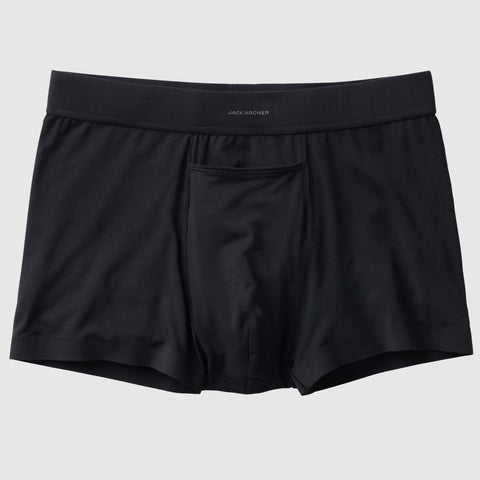 Jetsetter Boxer Brief in black with MicroModal fabric and Zero-G pouch for comfort and support.