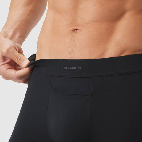 Jetsetter Boxer Brief in black with comfortable waistband and supportive pouch.