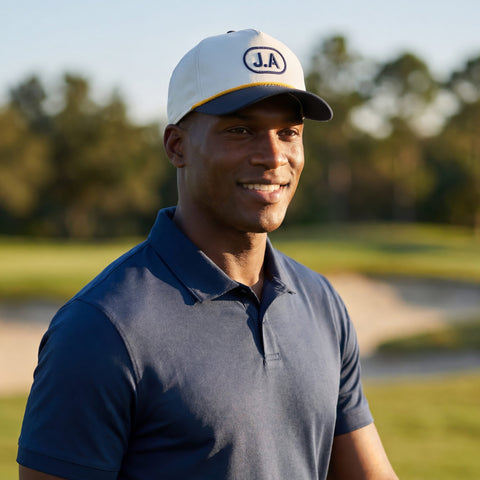 A man wearing the Archer Rope Hat in Cool Gray on the golf course