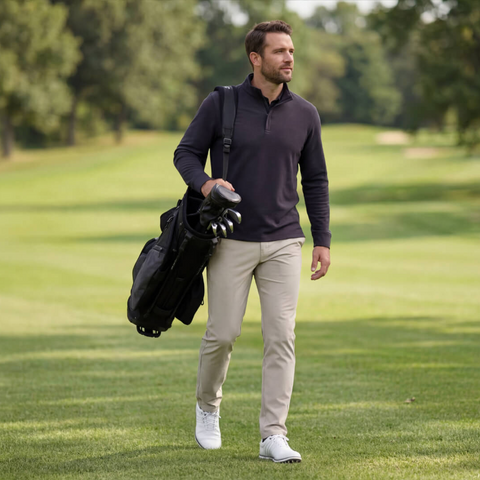 Man walking on a golf course carrying a golf bag, wearing Sandwash Quarter-Zip in True Black with khaki pants