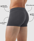 Jetsetter Boxer Briefs showcasing stay-flat waistband, no-show seams, shape retention, and short hems.