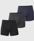 Jetsetter Boxer Brief 3-Pack in black, gray, and navy with supportive zero-G pouch.