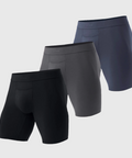 Jetsetter Boxer Brief 3-Pack in black, gray, and navy with comfortable MicroModal® fabric and supportive pouch.