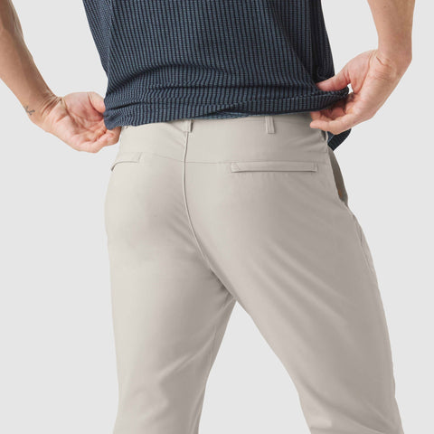 Golf Game Essentials pants in deep blue and sand stone, launching soon.