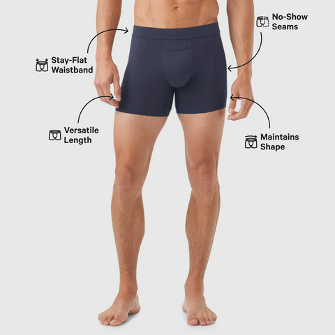 Jetsetter Boxer Brief with stay-flat waistband, no-show seams, and versatile length.