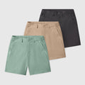 Jetsetter Tech Short 3-Pack in green, beige, and black with innovative fabric for consistent fit.