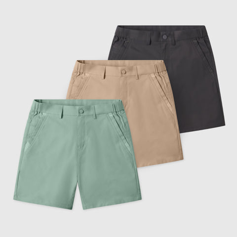 Jetsetter Tech Short 3-Pack in green, beige, and black with innovative fabric for consistent fit.